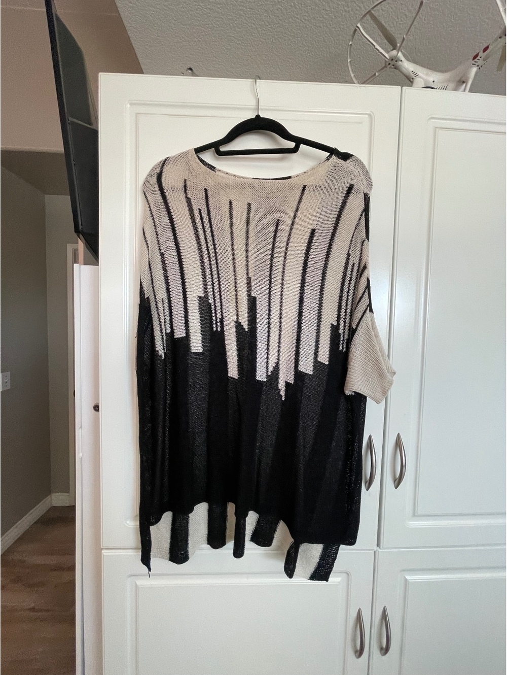 My Beloved S/M Black Cream Oversized Knit Poncho Sweater Tunic Boho